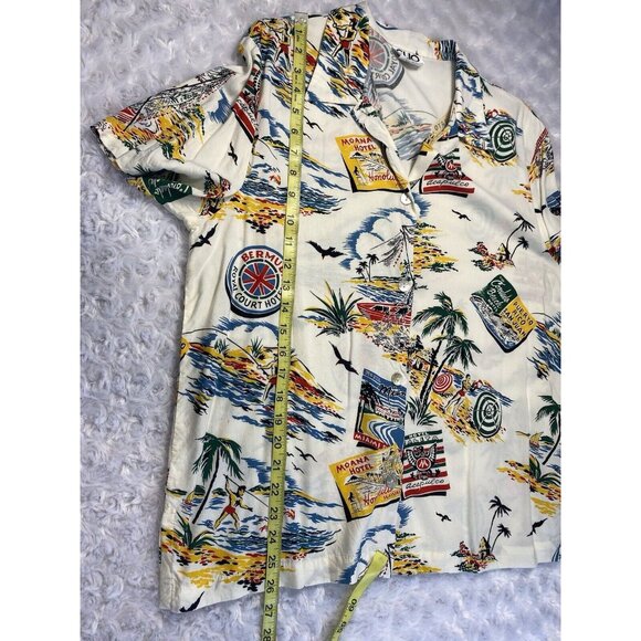 Vintage CLIO Button Down Shirt Sz L Multicolor Palm Trees Tropical Travel - Picture 8 of 10